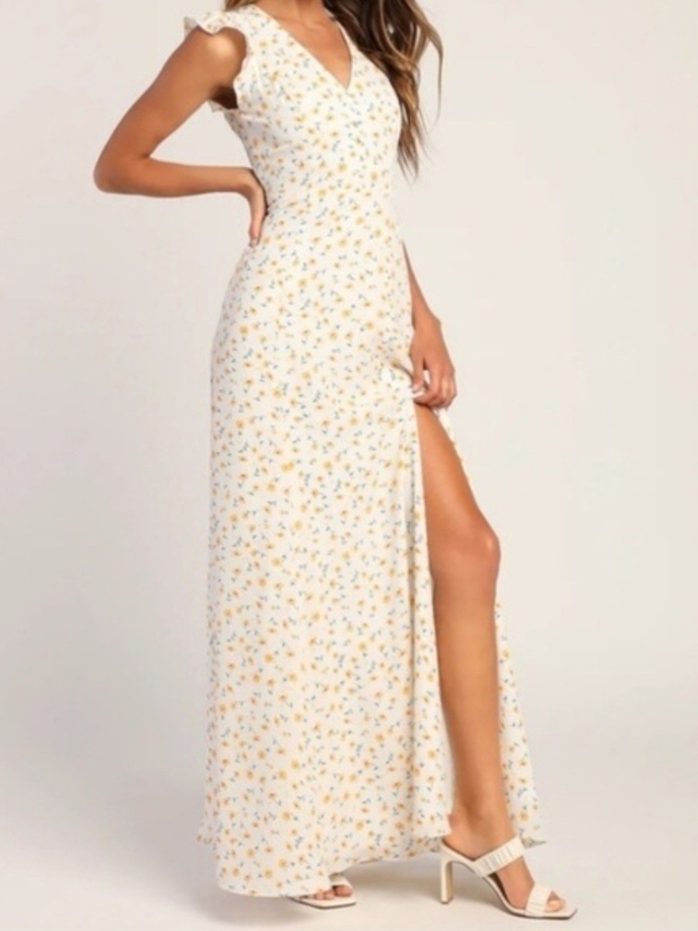 NEW Lulus Floral Flutter Sleeve V-Neck Maxi Dress Open Back Side Slit Size XS